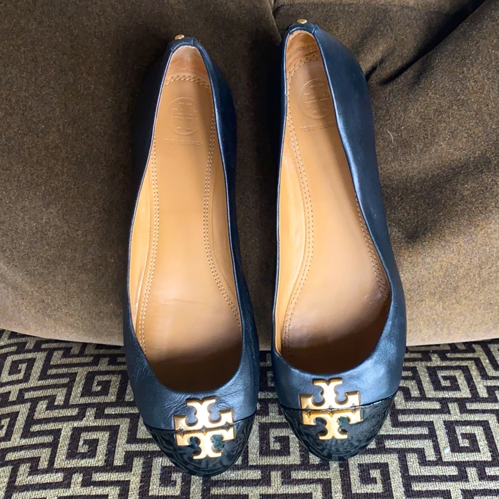 Tory Burch Black Leather Ballet Flats with Gold Logo